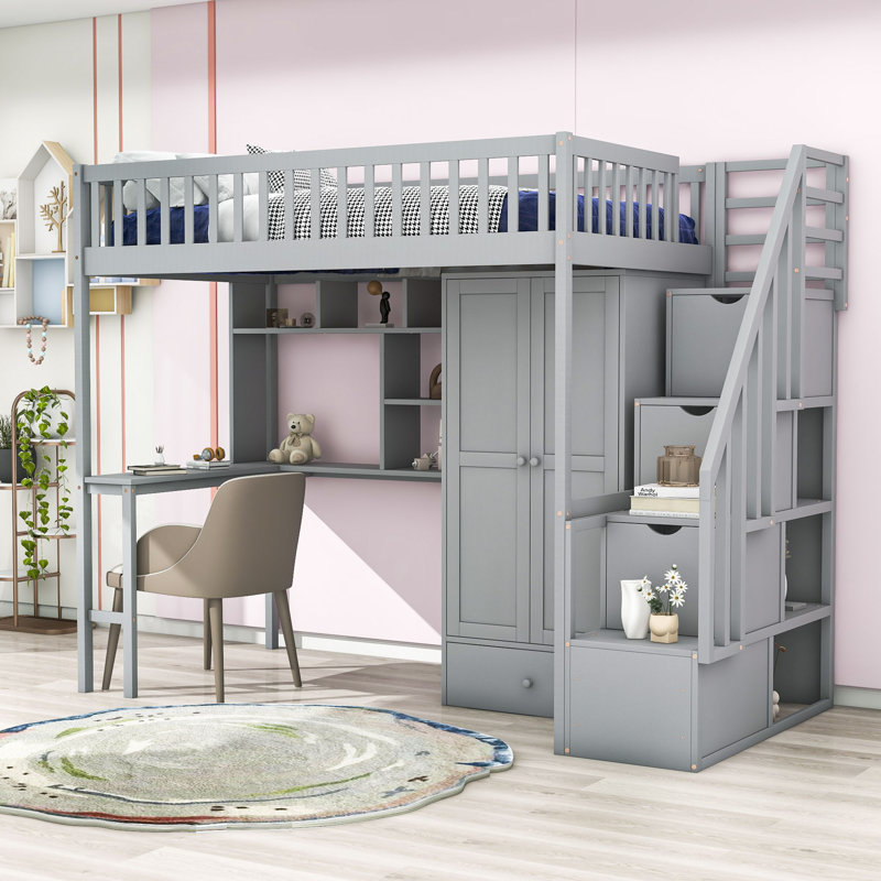 Harriet Bee Gonul Wooden Loft Bed With BuiltIn Desk, Wardrobe and